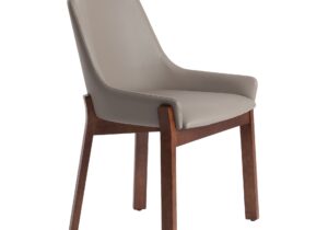 Kunstlederstuhl Nerz dunkel Schrägansicht Schweiz Holzgestell Nussbaum ergonomisches Design