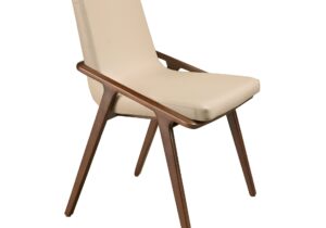Kunstlederstuhl Nerz Perspektivansicht Schweiz beiges Polster Holzgestell Walnuss skandinavisches Design