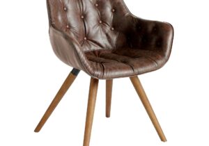 Kunstlederstuhl schokoladenbraun Perspektivansicht Schweiz Chesterfield-Knöpfung Holzbeine modern